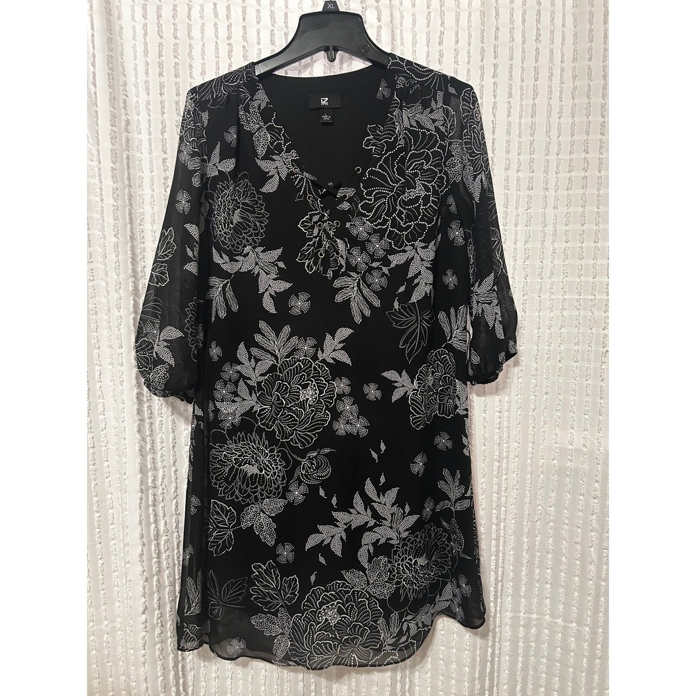 IZ Byer Black White Floral Lace Up Grommet Mini Dress Large
